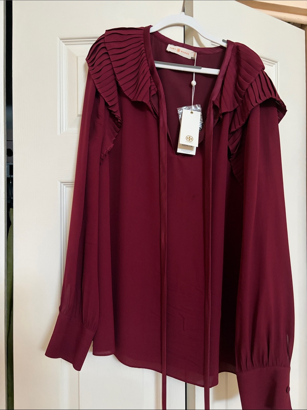 Tory Burch Wine Red Pleated-Shoulder Tie-Neck Blouse